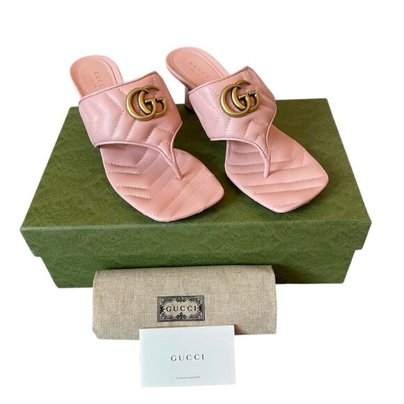 Gucci GG Marmont Quilted Pink Leather Thong Sandals Women Size 37.5 / US 7.5 New - Picture 1 of 16
